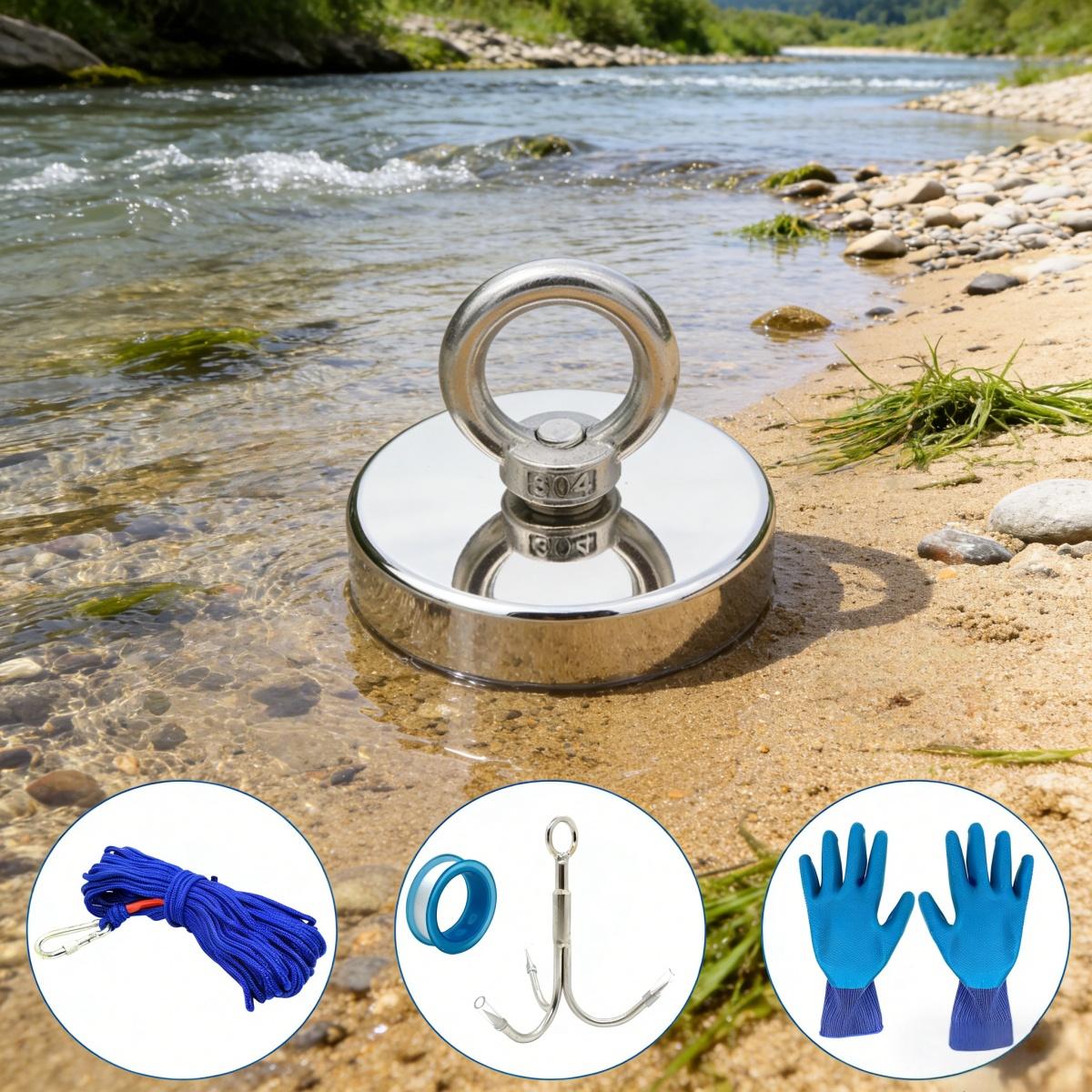 N42 Neodymium Fishing Magnet 675LB Pull Force 75mm Diameter Heavy Duty Lifting Magnet with 20M Rope Grappling Hook Complete Kit for Underwater Salvage Treasure Hunting