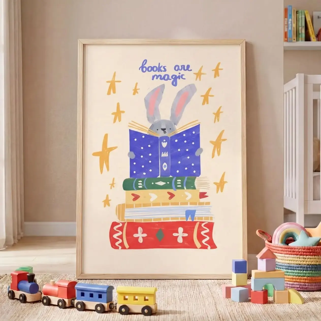 Reading Bunny Wall Art Rabbit Nursery Poster Colorful Book Lover Print Decor O