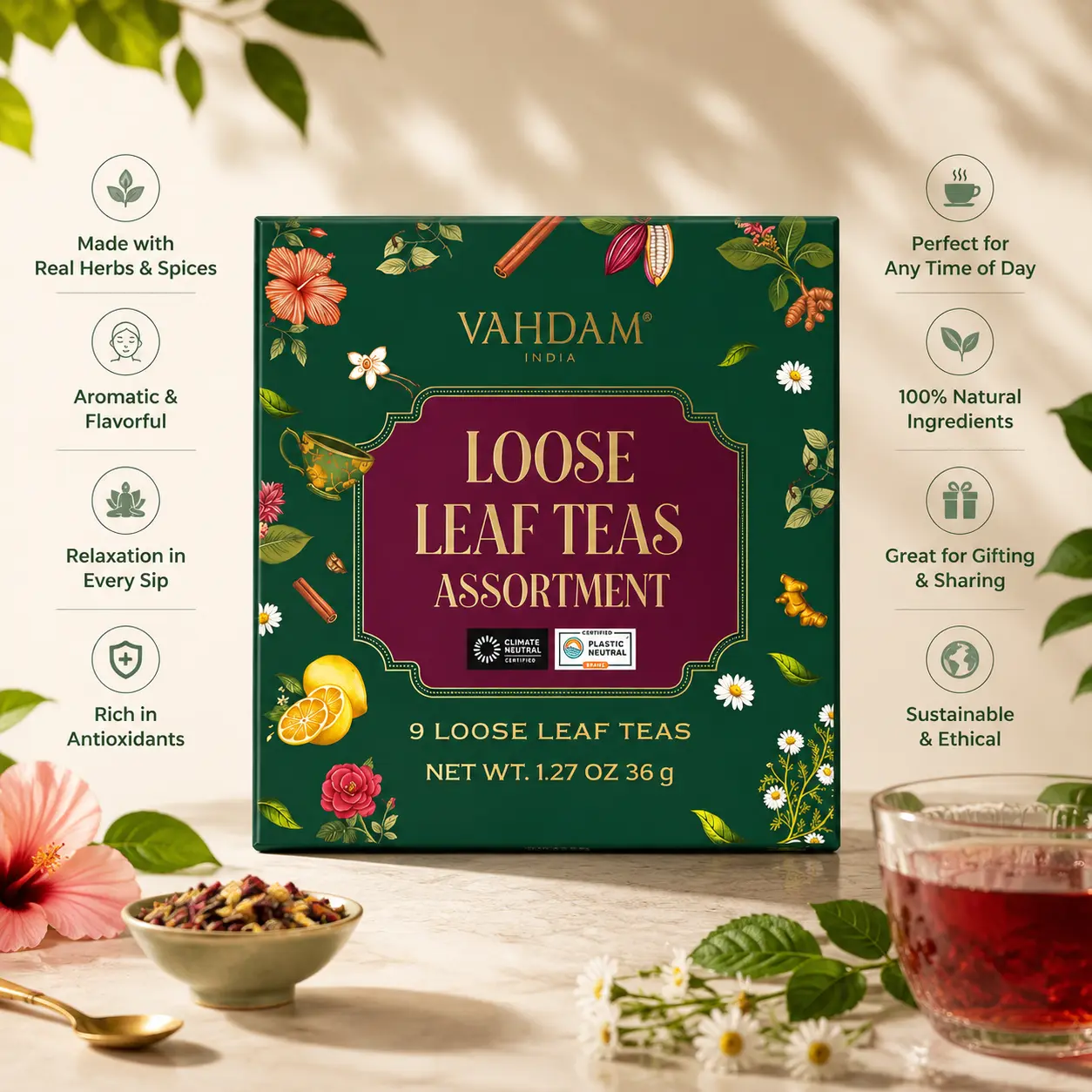 VAHDAM Top 9 Exotic Loose Leaf Tea Sampler (18+ cups) | Floral & Fruity Blends with Delicious Taste | Hot & Iced | Perfect for Gifting & Regular Consumption