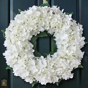 Artificial Hydrangea Wreath for Front Door, 21" Spring Summer White Flower Wreath, Fuax Hydrangeas Leaves for Home Mantel Wall Farmhouse Decor