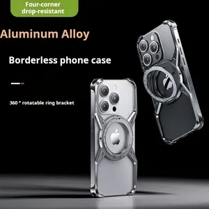 Rotating magnetic bracket suitable for Apple 15promax high-end mobile phone case heat dissipation hollow aluminum alloy phone14 borderless black strapless Accessories Smartphone Cellphone Handheld Protective Cover Protector Screen Protector Shockproof