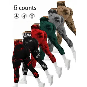 6 pcs Women's Tie Dye Pattern Ruched High Waist Sports Leggings, Casual Sporty Comfy Breathable  High Stretch Skinny Pants for Yoga Gym Workout Running, Ladies Sportswear for All Seasons, Tummy Control