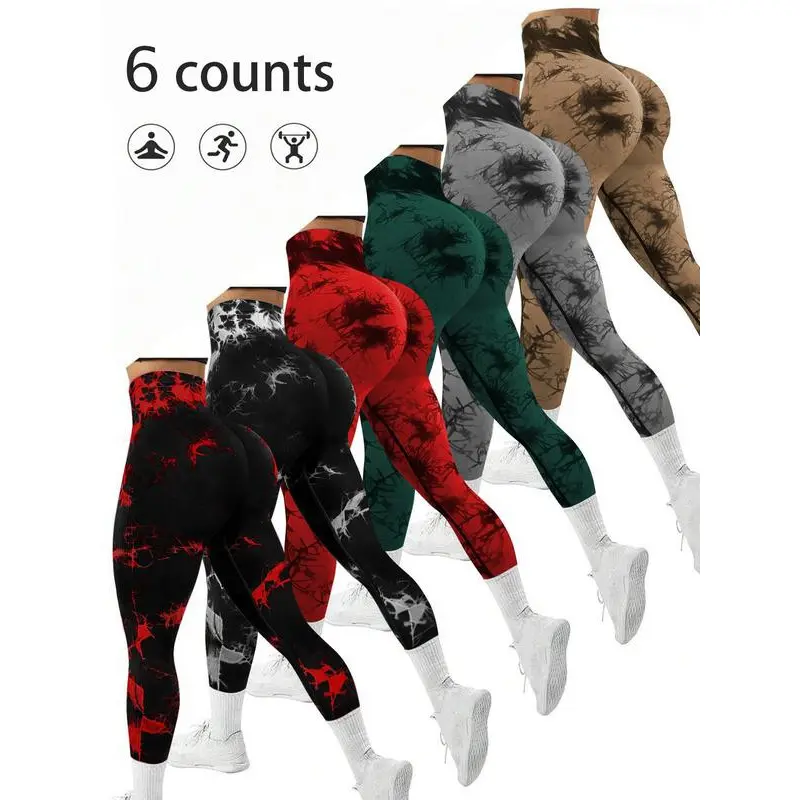 6 pcs Women's Tie Dye Pattern Ruched High Waist Sports Leggings, Casual Sporty Comfy Breathable  High Stretch Skinny Pants for Yoga Gym Workout Running, Ladies Sportswear for All Seasons, Tummy Control