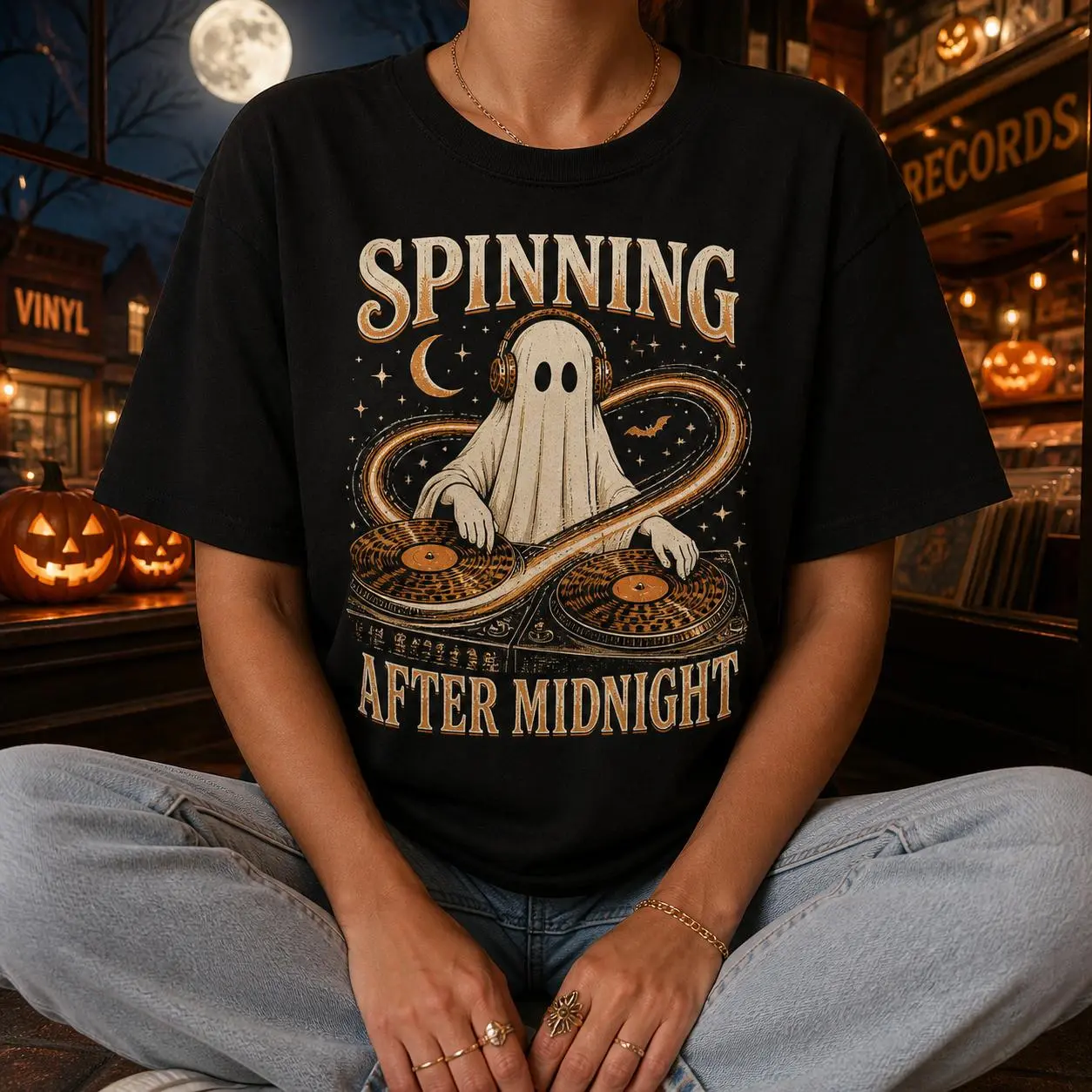 Vinyl DJ Ghost T-Shirt Spinning After Midnight Halloween Music Tee for Women