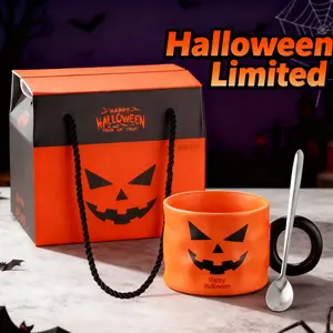 Scary Jack O Lantern Mug with Halloween Gift Box and Spoon - Orange Ceramic Cup for Spooky Season Drinkware Tumbler Reuse Coffee Reusable Washable