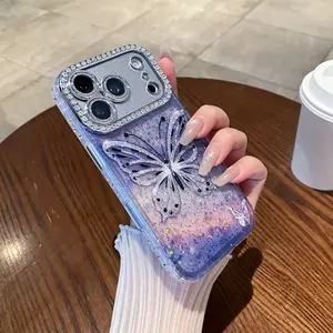 Imitation Diamond Precision Hole Aurora Dream Butterfly Phone Case, Compatible with iPhone 14/15/16/17 Pro/Pro Max, Cute Style Fashion Protective Cover, Unique Design Ideal for Daily Use, Protective Shell