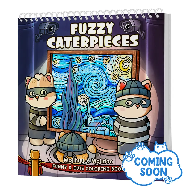 Fuzzy Caterpieces Cute and Cozy Coloring Book for Adults & Teens Featuring Comfy Cat Friends in Funny Moments Inspired by Famous Paintings 30 Unique Pages Bold Designs Single-Sided Printing 8.5 x 8.5 Inches