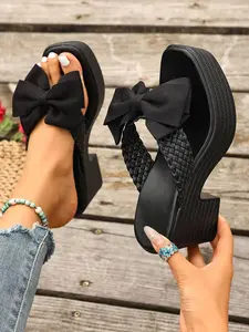 Women's White Chunky Platform, Flatform Flip Flops with Giant Bow, Braided Woven Strap Wedge Heel Summer Beach Shoes, Oversized Ribbon Decoration, Anti-Slip Textured Sole, Elevated Height Increase, Casual Vacation S, Elegant Sandals