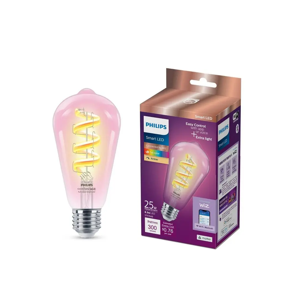 Philips Smart 40W Clear Color Filament ST19 1P: LED Light Bulb Dimmable HomeKit Compatible 13.7-Year Life E26 Base
