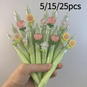 5/15/25pcs Creative Simple and Cute Flower Shaped Theme Scalable Ballpoint Pen Campus Design Spring Flower Series Starting Season Pressing Neutral Pen Color Random