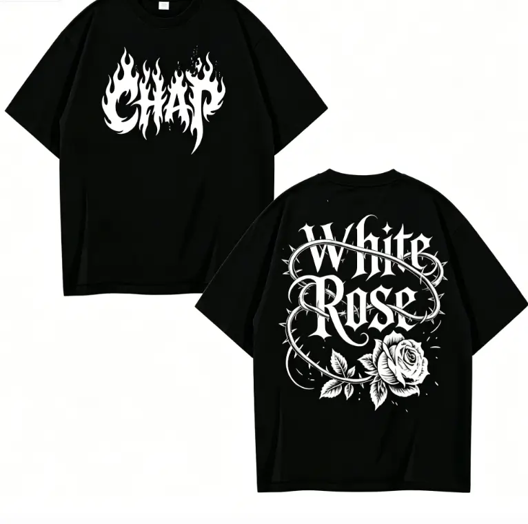 Gothic Chap White Rose Thorn Front And Back Printed T-Shirt, Dark Streetwear Short Sleeve Top, 100% Cotton, Unisex Oversized Fit Men Women