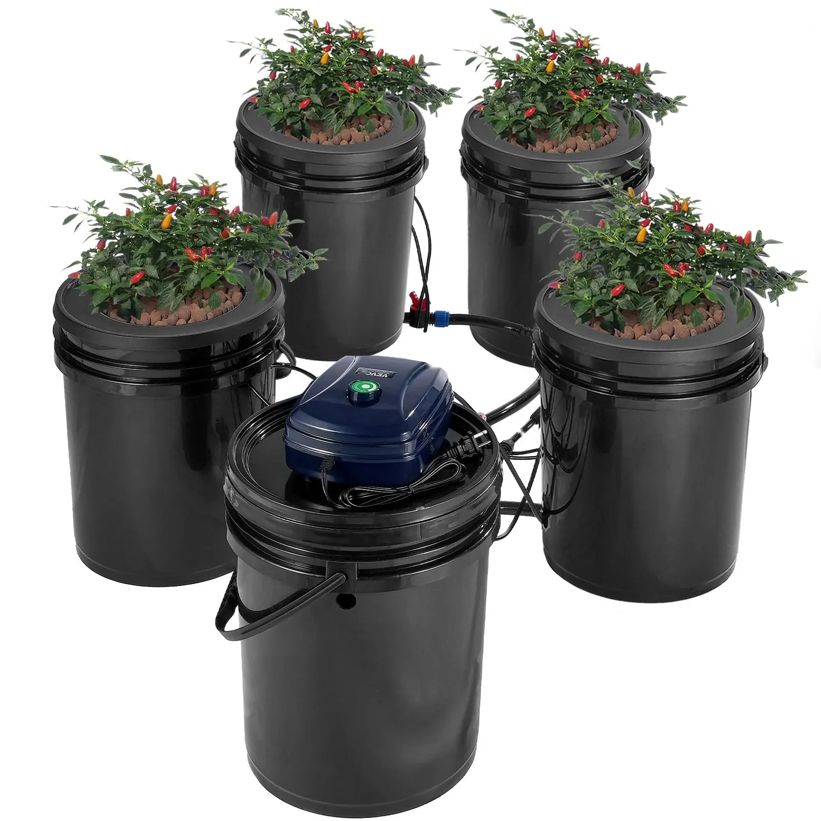 RDWC Hydroponics System Recirculating Deep Water Culture For Commercial And Home Growers, 4 Buckets, 5 Gallon Capacity, High Flow Return Lines, Durable PVC Tubing, Air Pump Included, Nutrient Delivery And System Maintenance