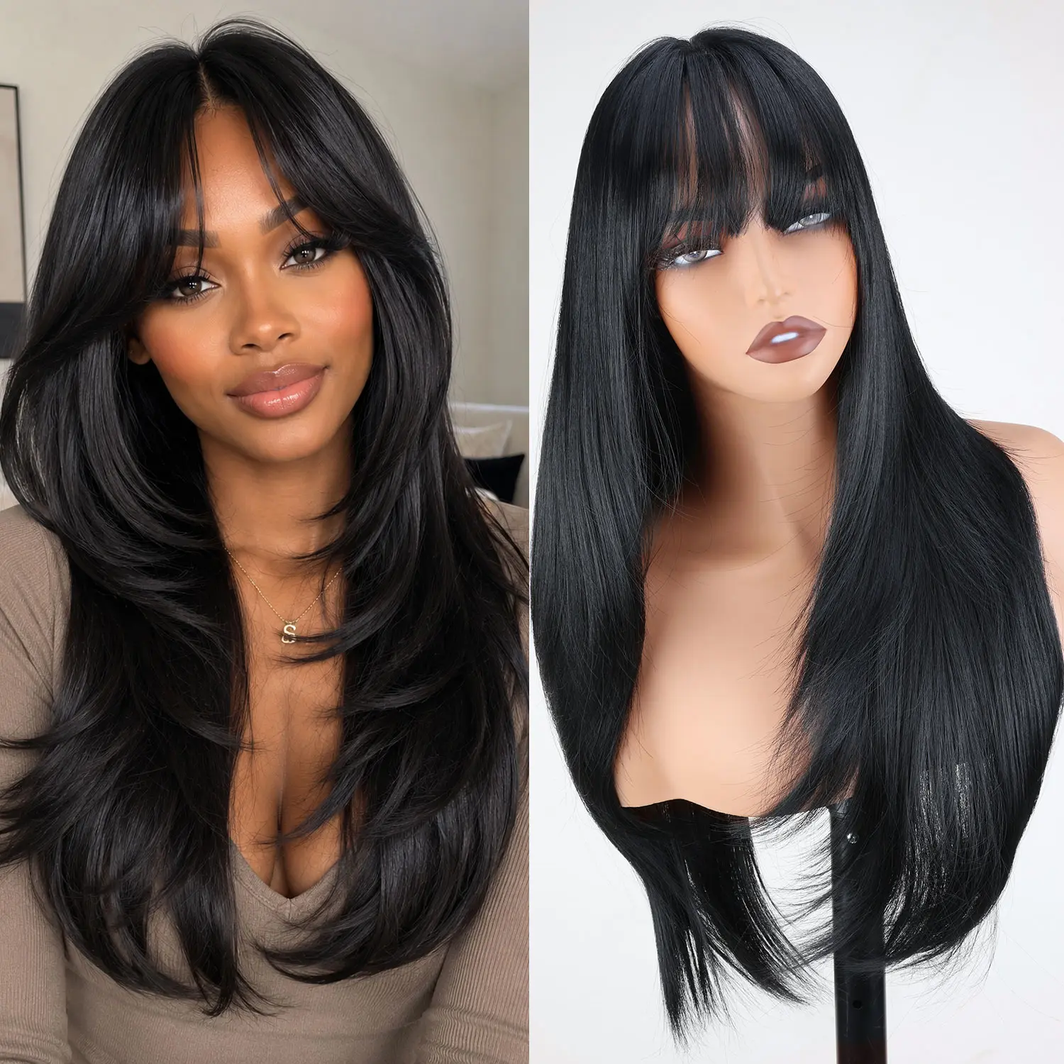 26 Inch Long Straight Hair Wigs Layered Synthetic Wig with Bangs for Women Hand Tied Scalp Heat Resistant Fiber Natural Looking Daily Cosplay Wig, Multiple Colors Available