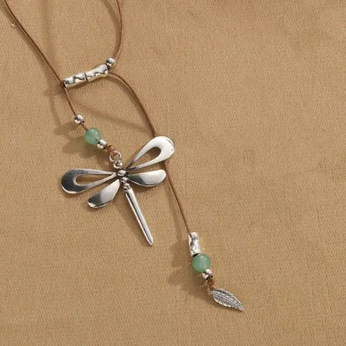Metal dragonfly pendant leather rope nec