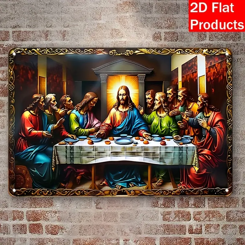 2D Flat, 1pc, 2D Flat Last Supper, Metal Aluminum Decorative Plaque and Ornaments (7.87"x11.8"), Square Wreath Sign, Best Gift for Holidays, Farm Decor, Door Wall Decor, Bar Restaurant Decor, Birthday, Retirement, Home and Living Room Room