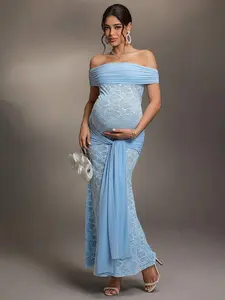 JOYCEE Maternity Light Blue Maternity Mermaid Hem Elegant Design Fitted Long Lace Dress Off Shoulder Dress Maternity Outfit, Summer