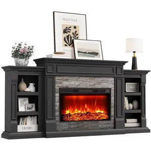 80" Electric Fireplace with Mantel and Cabinets, Fireplace TV Stand for Living Room Bedroom, 30in Realistic Flame Fireplace and Stacked Stone Surround, Black