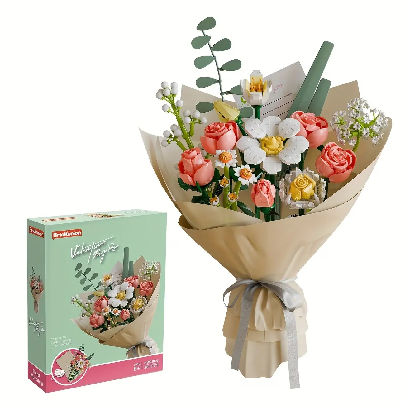864pcs Building Block Bouquet, Creative Colorful DIY Puzzle Toy, Elegant Gift Set with Paper Packaging, Perfect for Christmas/halloween, Flower Building Blocks