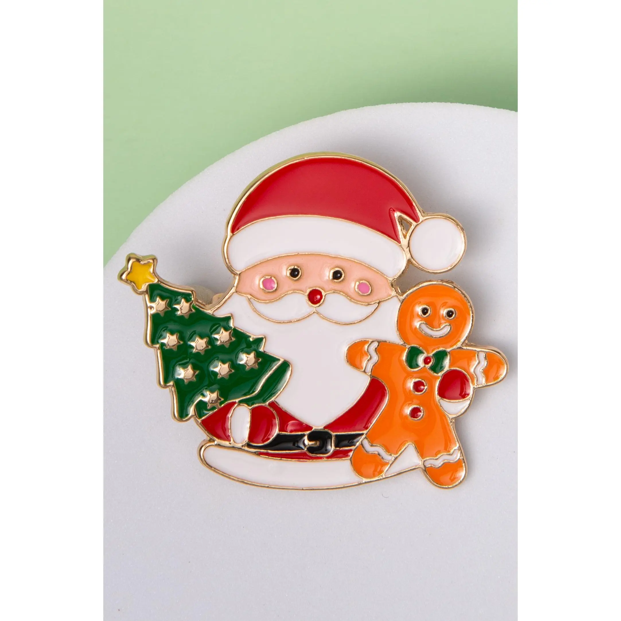 Leanna Christmas Enamel Santa Claus Brooch Pin with Gingerbread Man