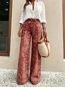 Chic Muse Style Women's Printed Wide-Leg Jeans Y2k Loose Mid-Rise in Soft Pink Boho Floral Pattern Casual Denim Trousers for Everyday Wear - Fashion, Womenswear