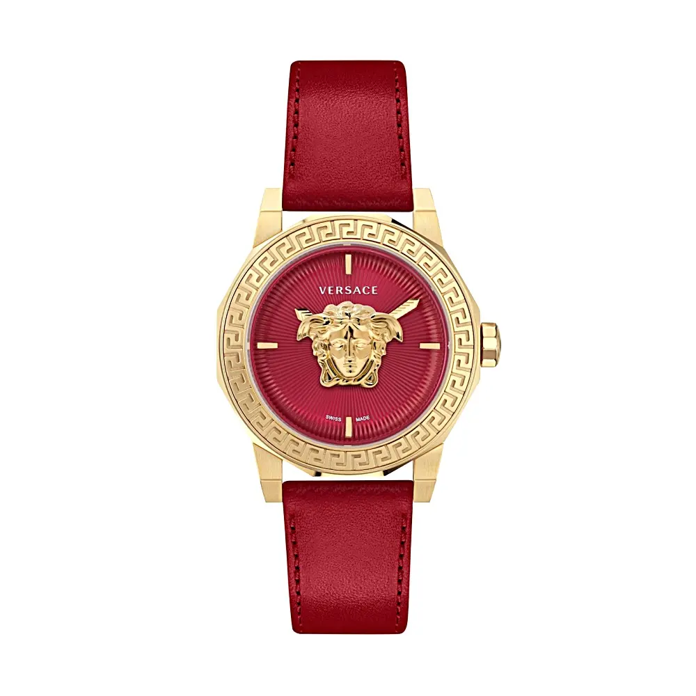 JTV Medusa Deco Womens Watch 38MM IP Yellow Case Red Guilloche Dial Calf Leather Strap, Accessories For Women, Watches For Women