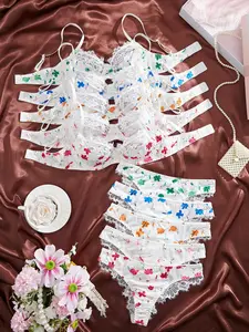 Women's Floral Print Lace Trim Underwire Bra & Panty Matching Set, Comfy Breathable Lingerie Set for Daily Wear, Softness Underwear Set for Women, Womenswear