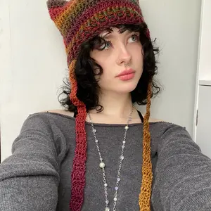 crochet cat hat beanie with long string ties