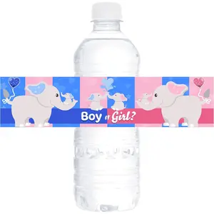 24PK Waterproof Water Bottle Labels, Cute Elephant Design, Durable Pink Blue for Boy Girl Baby Shower Gender Reveal Sprinkle Party Favors