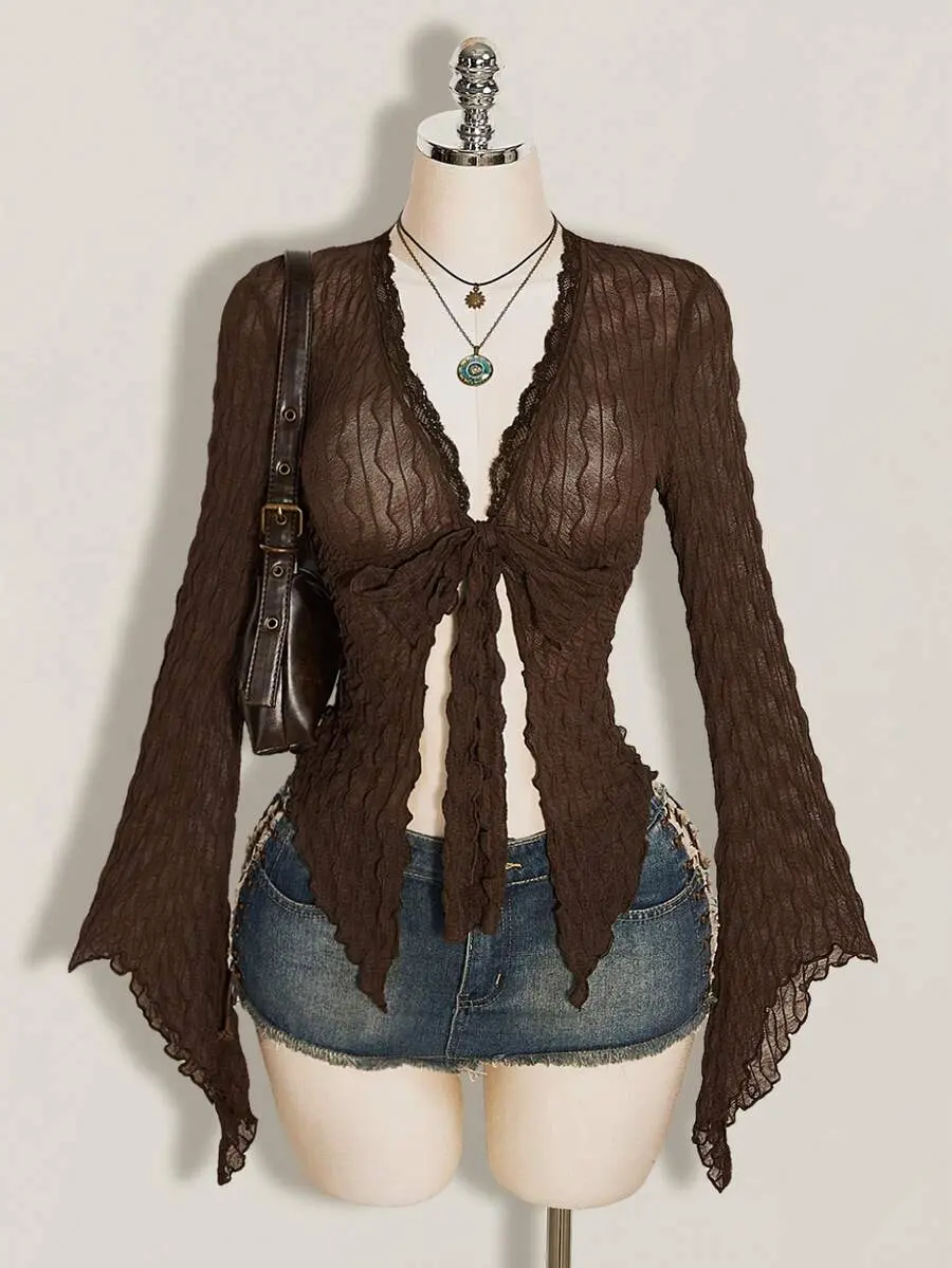 SHEIN ICON Asymmetrical Hem Bell Sleeve Vintage Sexy Flocked Mesh Sheer Open Front Women's Top Night Out Shades Of Brown Summer