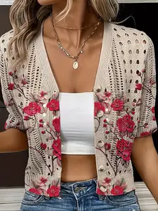 Women's V Neck Floral Print Knit Cardigan, Hollow Out Button Design, Casual Boho Style, Spring Summer Autumn Winter Wear