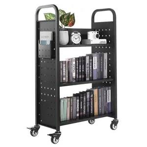 Three-Tier Rolling Book Cart With Single-Sided L-Shaped Shelves, Mobile Library Cart On Wheels, Black Finish, Durable Steel Frame, Easy-Glide Wheels, Ideal For Home Office, School, Library, And Classroom Storage