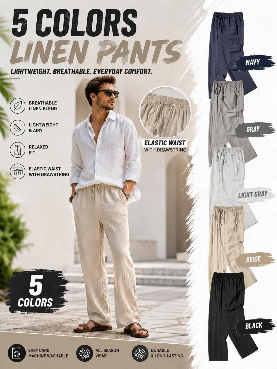 Men's Relaxed Fit Linen-Blend Pants - Elastic Waist with Drawstring, Soft Airy Straight-Leg Trousers for Travel, Casual Outings