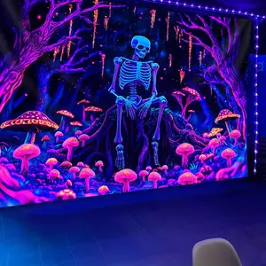 1pc Skull Mushroom Forest Glow Tapestry, Large Size Fluorescent Wall Hanging, Home Decor, Living Room Dorm Use, No Installation Required, Polyester, Horizontal, Jacquard Weave, Battery-Free, Fabric Weight 60X40