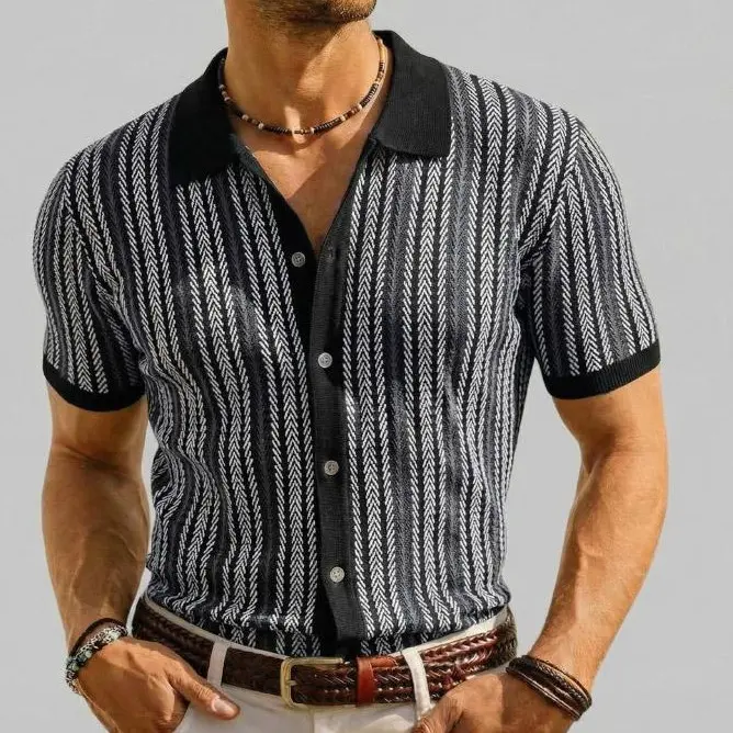 YYT1 Zaitun Men's Retro Button-Front Polo Shirt - Lightweight Poly Fabric, Fitted Cut, Non-Stretch, Machine Washable, Multi-Size, for Formal & Casual Outfits