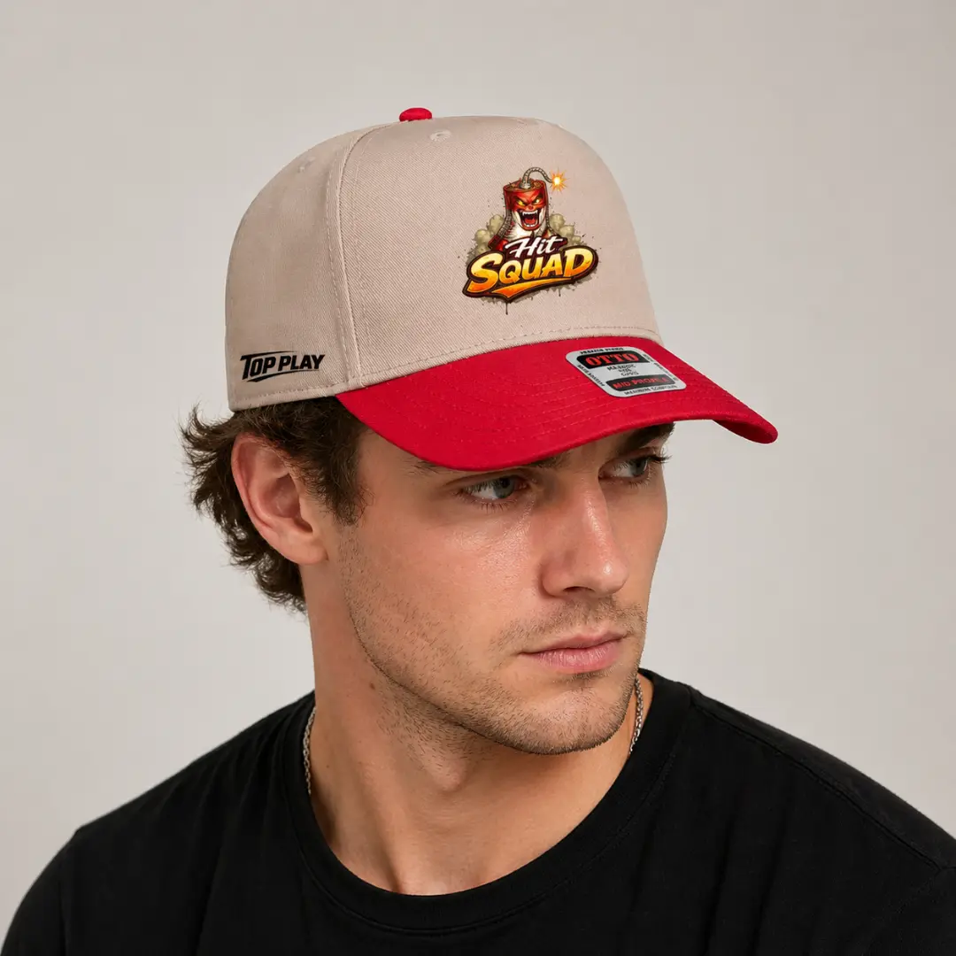 Top Play “Hit Squad” Baseball Snapback – Tan/Red Performance Cap
