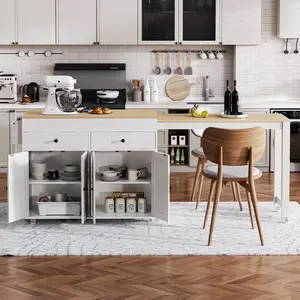 74.5 inch Kitchen Island with Extendable Dining Table , Rolling Kitchen Island on Wheels with Spice Rack and 2 Drawers,  Kitchen Storage Cart with 4 Door Cabinet, for Kitchen, Dining Room, White