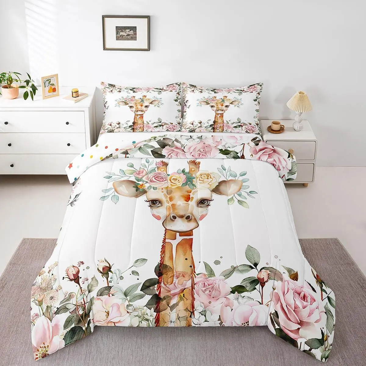 Cute Giraffe Comforter Set,Pink Rose Bedding Set,Cartoon Animal Quilt Set,Floral Flower Duvet Insert,Botanical Room Decor Girls Boys Kids Children's Day Gifts
