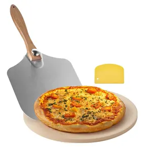 15-Inch Round Cordierite Pizza Stone, 0.67-Inch Thick Baking Stone With Metal Pizza Peel And Scraper, 1450°F Heat-Resistant Cooking Stone For Oven, Pizza Making, Baking Pies And BBQ Grilling