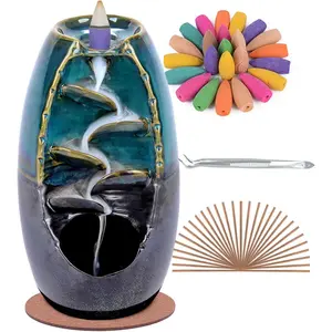 Ceramic Waterfall Backflow Incense Burner, Blue Home Aromatherapy Decor with 120 Cones & 30 Sticks