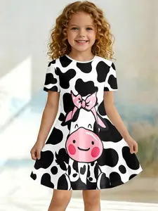 Adorable Girls' Dress Cow Pattern Bow Cartoon Cow Print Summer Printed Dress, Casual Fitted One-Piece Knee Length Short Sleeve H-Type Design