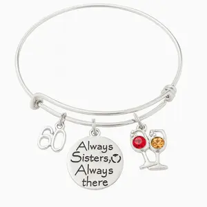 60th Birthday Sister Bracelet – Adjustable Silver Bangle with “Always Sisters, Always There” Charm & Wine Glass Charms – Gift for Sister