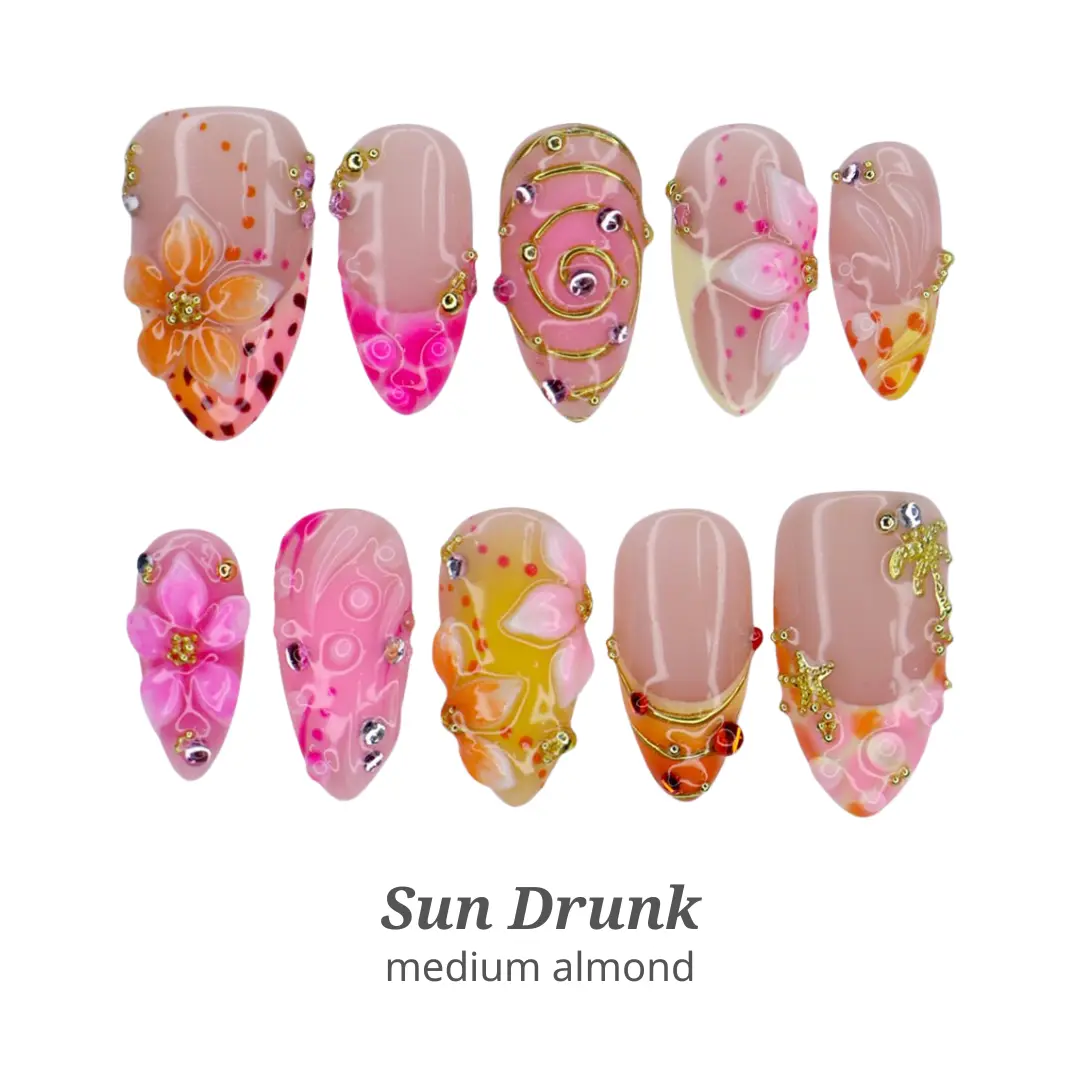 Lilynailsart | Sun Drunk Press On Nails - Tropical Flower, Sunset & Beach Nail Art - Medium Almond