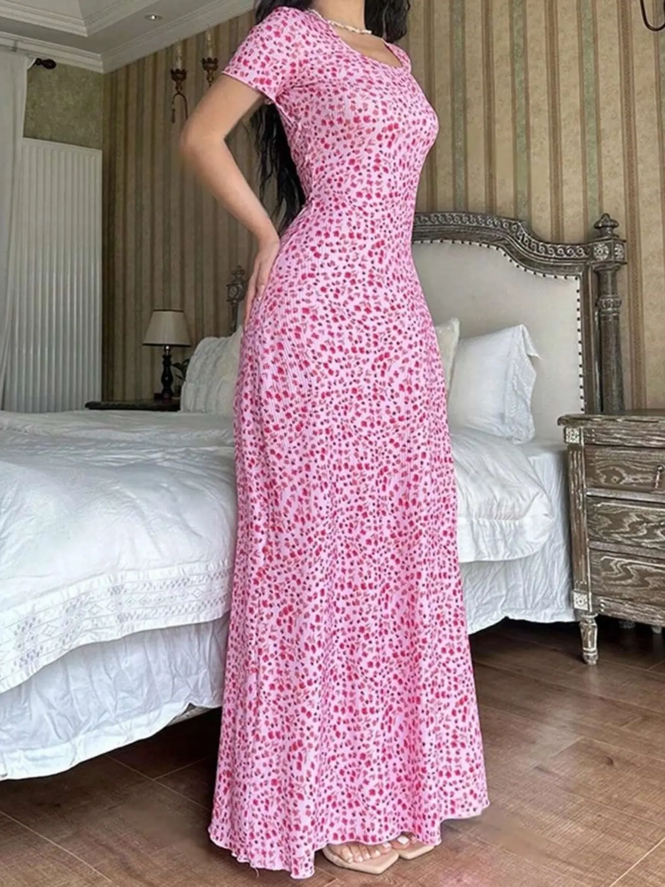 Summer New Print U-Neck Back Tie Adjustable Maxi Dress, Elegance Fashion Women's Clothing, Elegant Trendy Summer, Aesthetic Chic, Perfect for Casual Wear