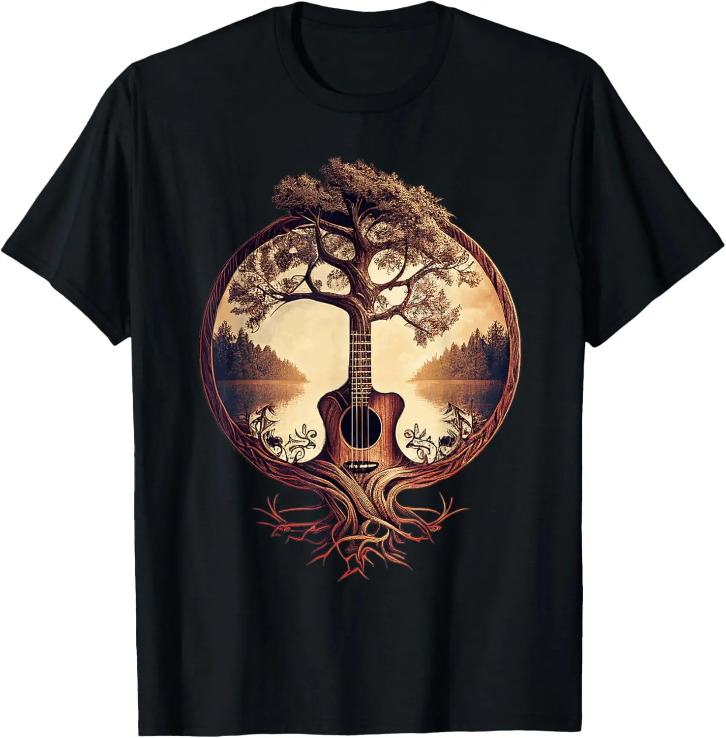 Men's Guitar Tree By The Lake Casual Graphic Tee, Musician-Focused Short-Sleeve Top