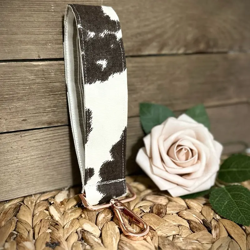 Cow Print Key Fob Wristlet | Key Chain Wrist Strap with Cow Print Patterns and Secure Rose Gold Metal Hooks | 8 inches