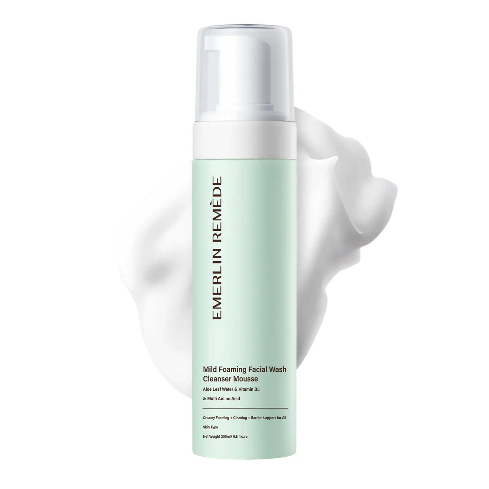 Emerlin Remède Mild Foaming Facial Wash Cleanser Mousse with Aloe Leaf Water Amino Acids & Vitamin B5 Gentle Hydrating Face Wash for All Skin Types 200ml Cleansing Aloe vera