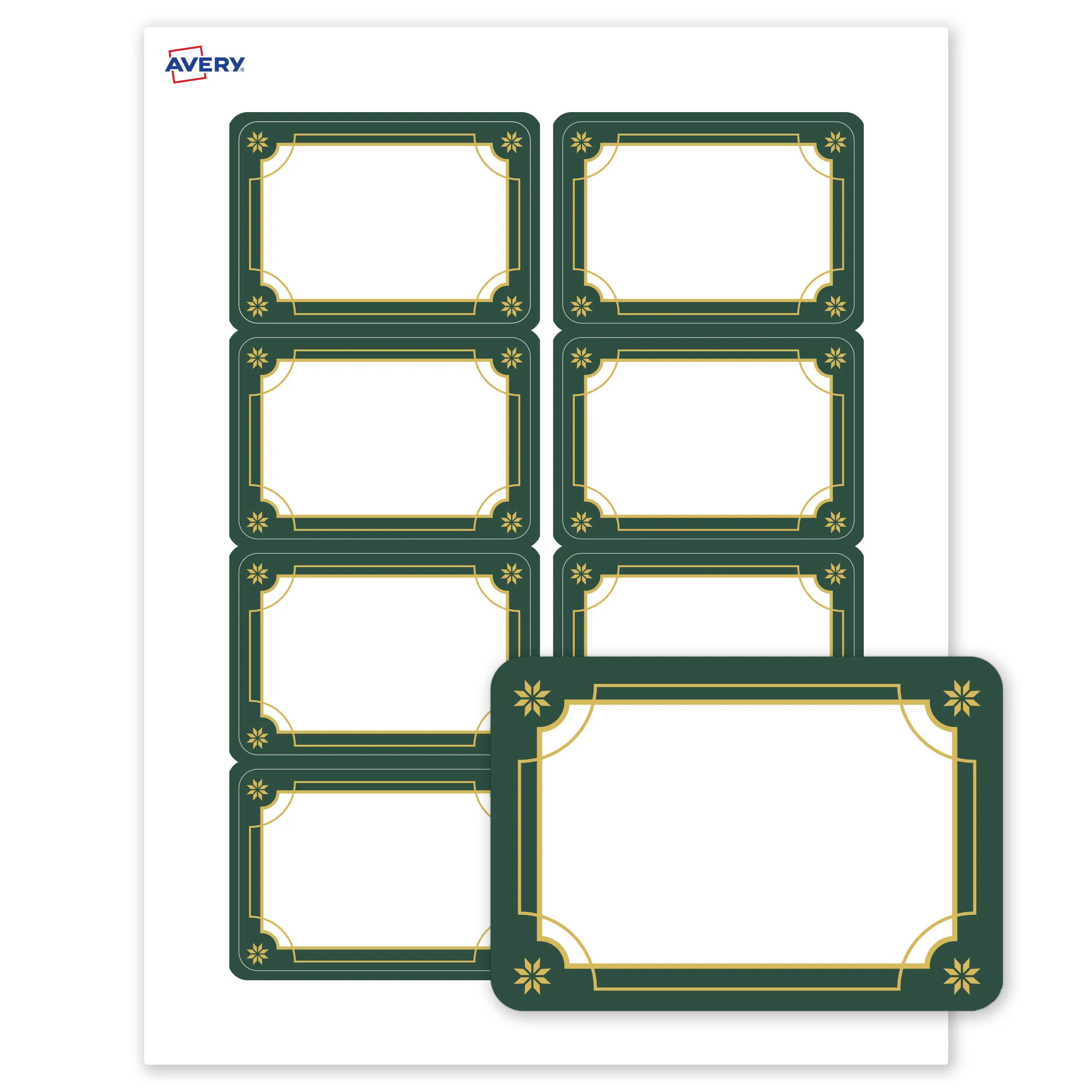 Avery® Printable Christmas Adhesive Name Tags, 2-1/3" x 3-3/8", Matte White, Pre-printed Green & Metallic Gold Border Design, Laser & Inkjet Compatible, 160 Total