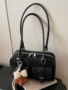 Retro Boston handbag, fashionable frosted shoulder tote bag, casual and versatile shoulder commuter bag, paired with exquisite pendants, suitable for daily wear, commuting and other scenarios.