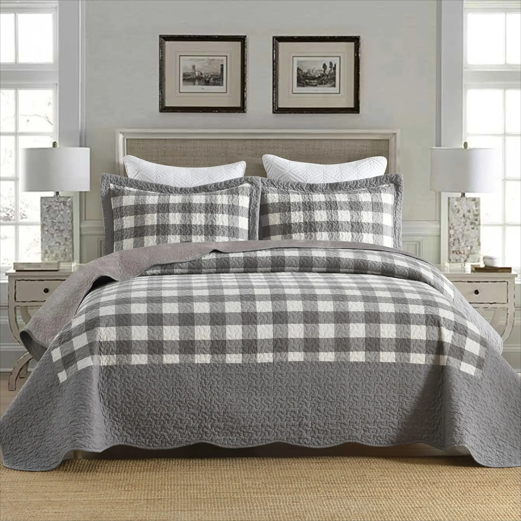 Luxury Checkered 3-Piece Bed Set - Quilted, Soft, Easy-Care, Breathable, Wrinkle Resistant, Durable Polyester Bedding Comforter for Queen, King Sizes | Decorative Cover Bedspreads & Coverlets