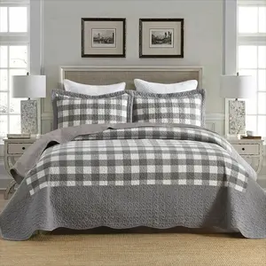 Luxury Checkered Bedspread 3 Pcs Set | Quilted, Soft & Easy Care Polyester Queen King Size